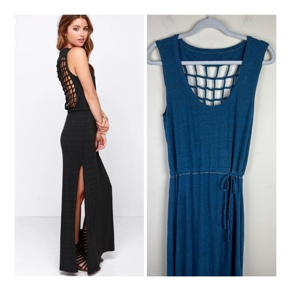 Chaser | Boho Sleeveless Knot Back Heather Maxi Dress In Heathered Blue | S - Picture 3 of 9